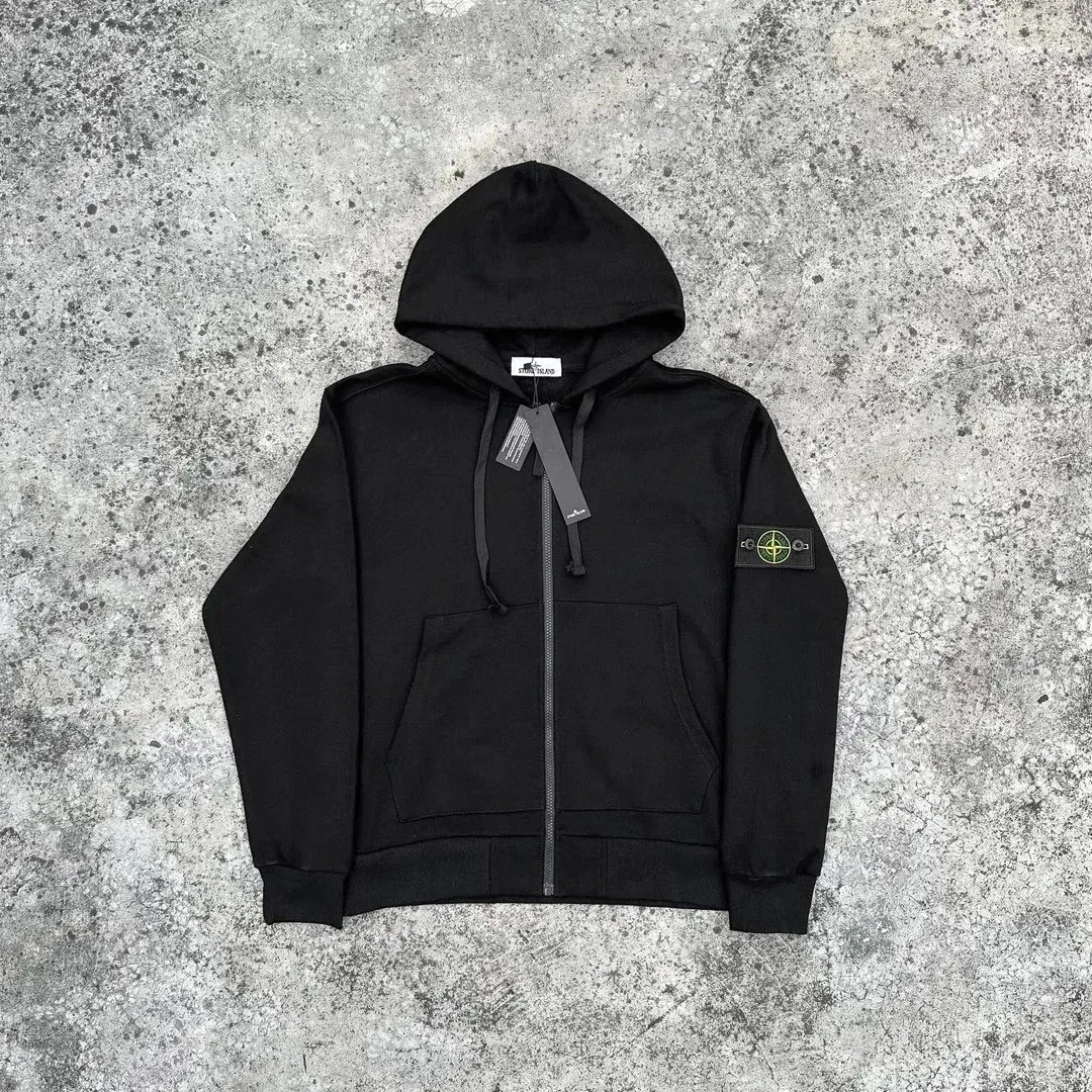 Stone Island Black Zip-Up Hoodie with Logo Patch
