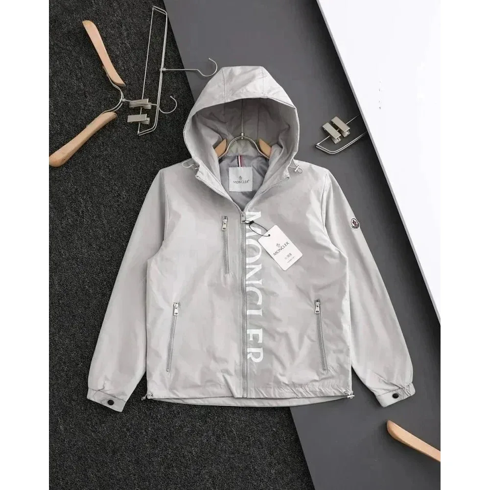 Moncler Grey Hooded Jacket with Logo Print