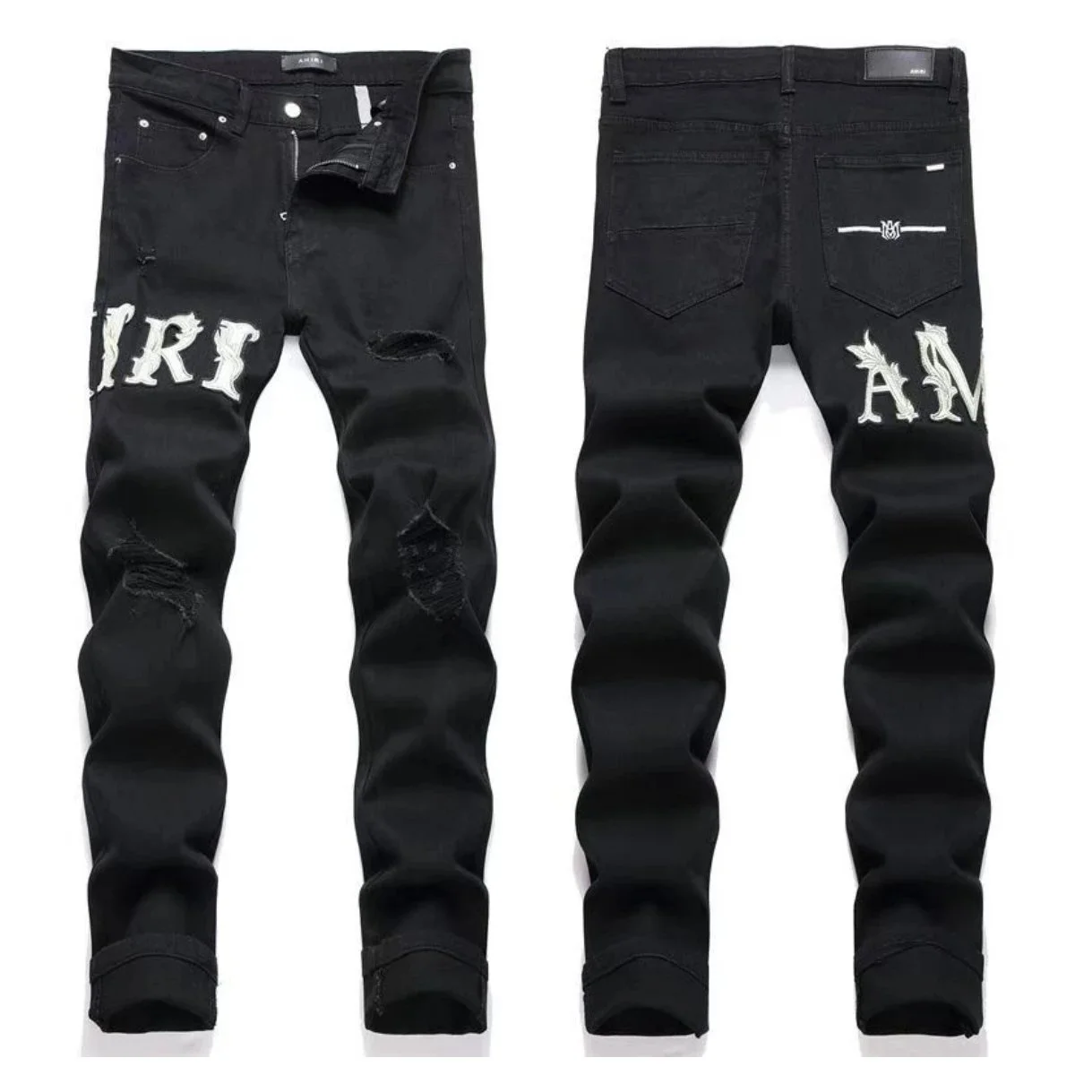Amiri Black Distressed Jeans with Embroidered 'AM' Logo