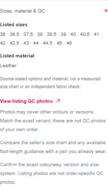 Expanded sizes, material and QC source information on an example product card