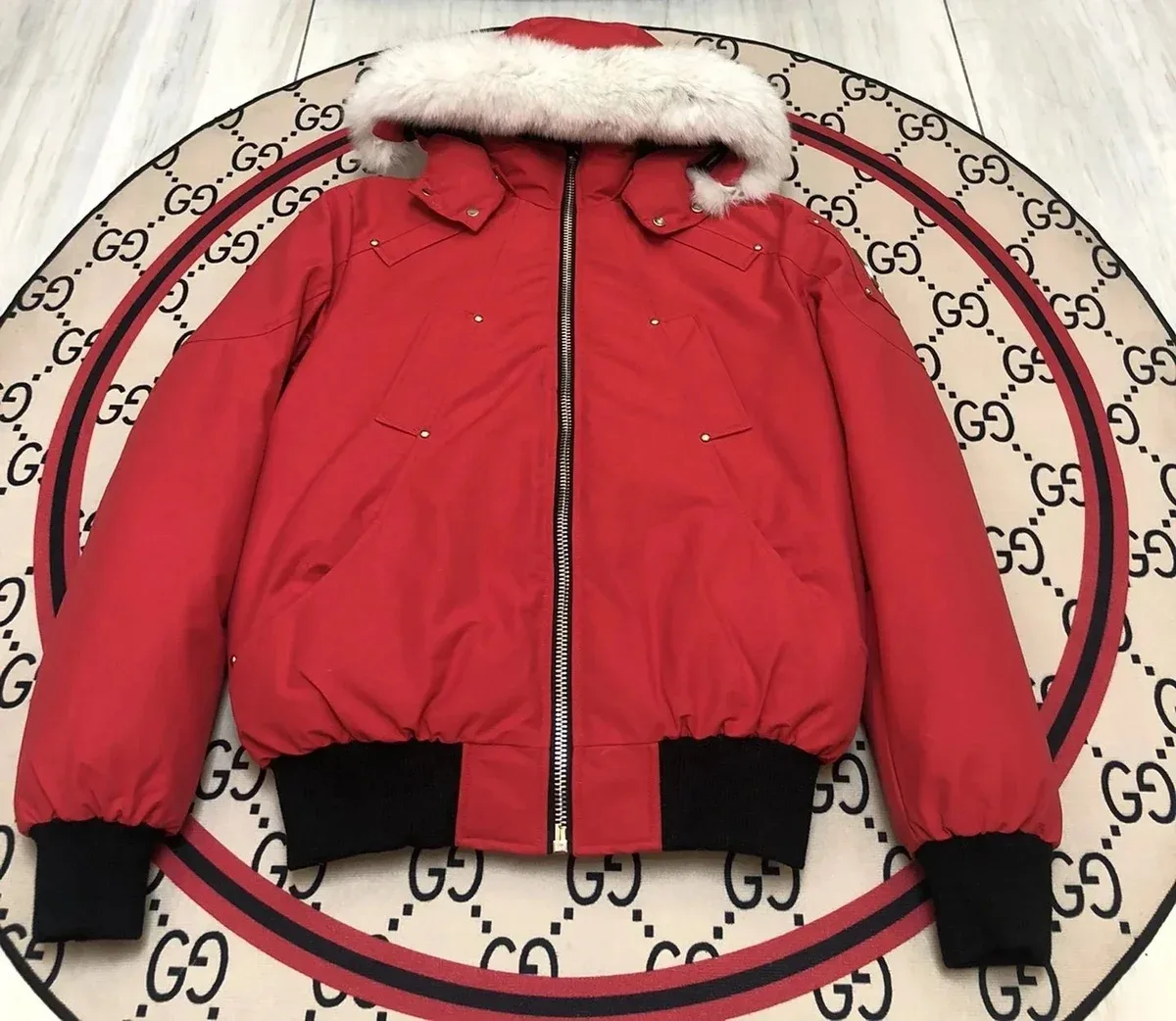 Gucci Red Bomber Jacket with Fur Hood