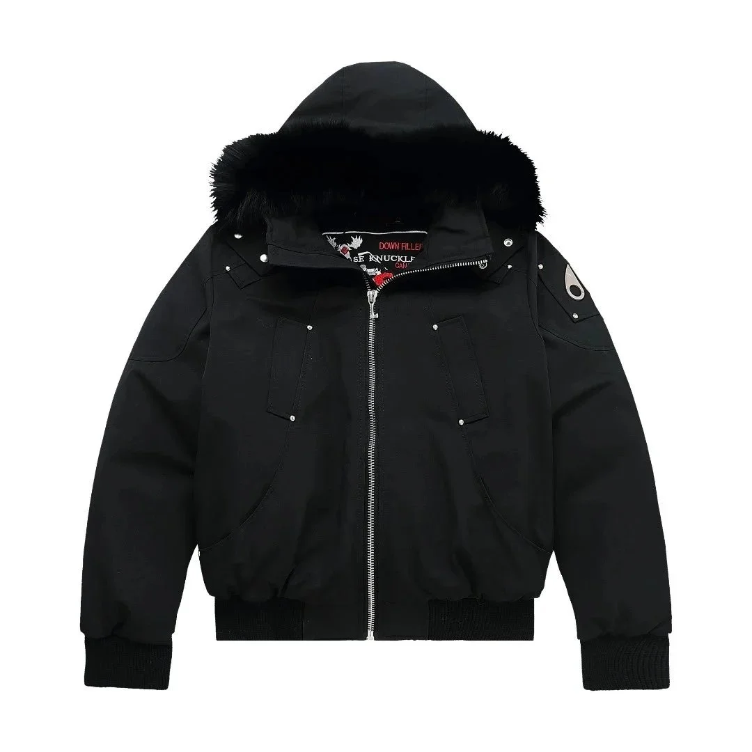 Black Bomber Jacket with Fur-lined Hood