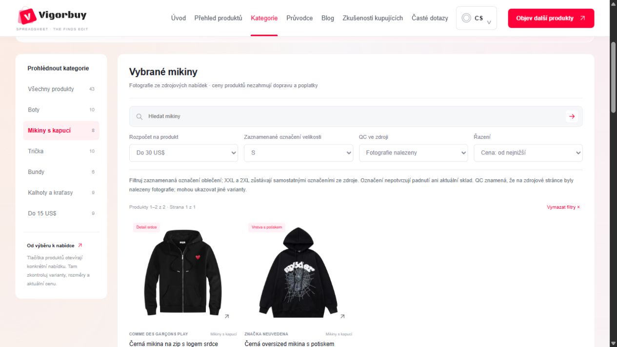 Vyhledávání v katalogu, cenový limit a řazení na starším snímku rozhraní