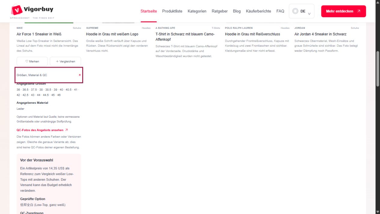 Ausgeklappte Angaben zu Größen, Material und QC-Quelle auf einer Beispielproduktkarte