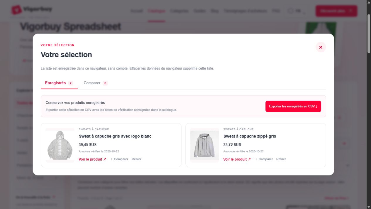 Panneau Enregistrés avec deux produits d’exemple et le bouton Exporter les enregistrés en CSV