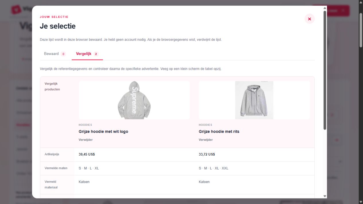 Daadwerkelijk vergelijkingspaneel op deze site met de twee grijze hoodies, hun artikelprijzen en maatlabels uit de bron