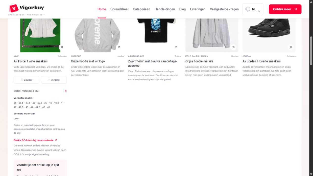 Uitgeklapte maten, materiaal- en QC-broninformatie op een voorbeeldproductkaart