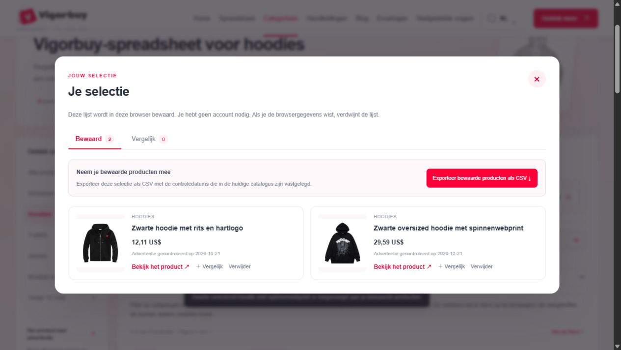 Paneel Bewaard met twee voorbeeldproducten en de knop Exporteer bewaarde producten als CSV