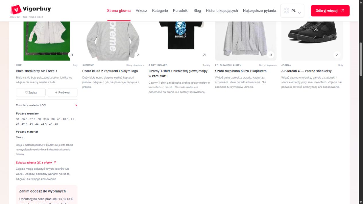Rozwinięte informacje o rozmiarach, materiale i źródle QC na przykładowej karcie produktu