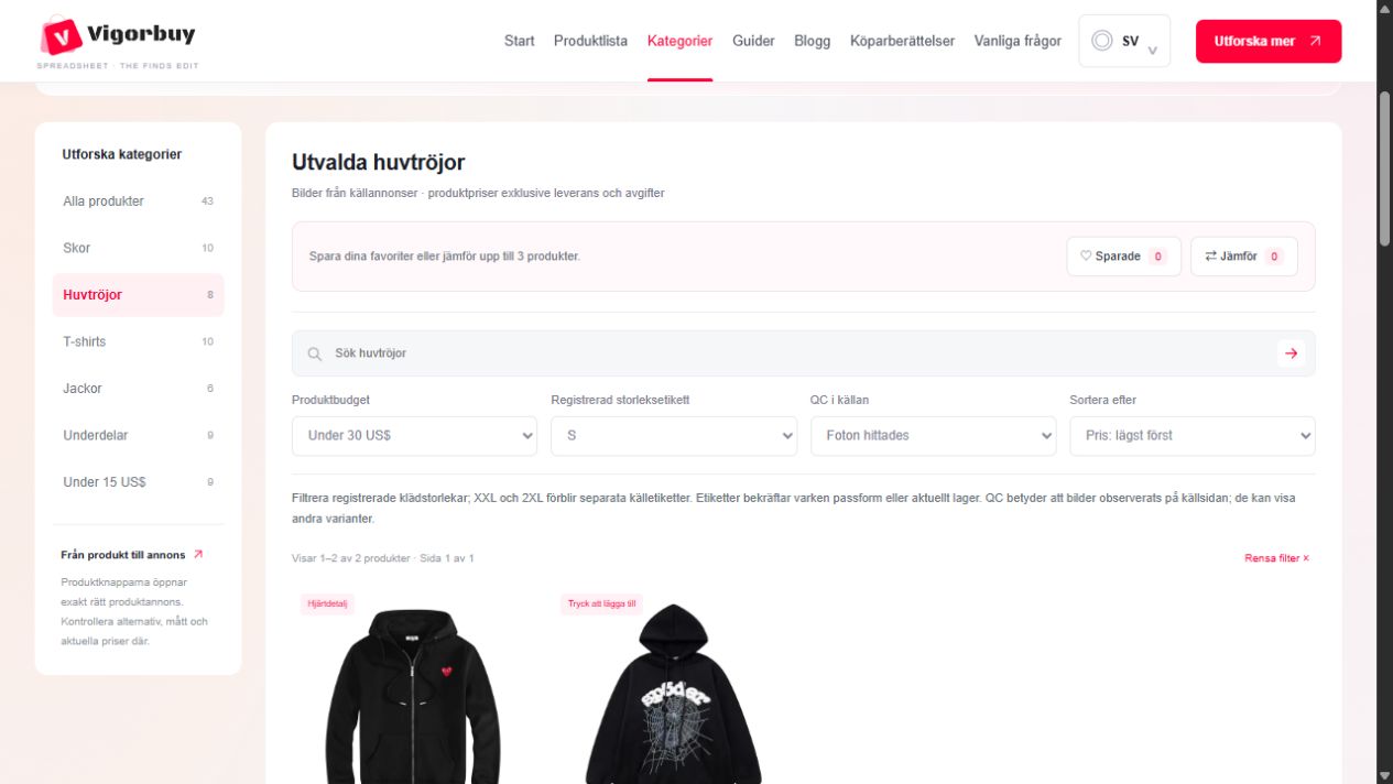 Katalogsökning, produktbudget och sorteringsreglage i den tidigare gränssnittsbilden